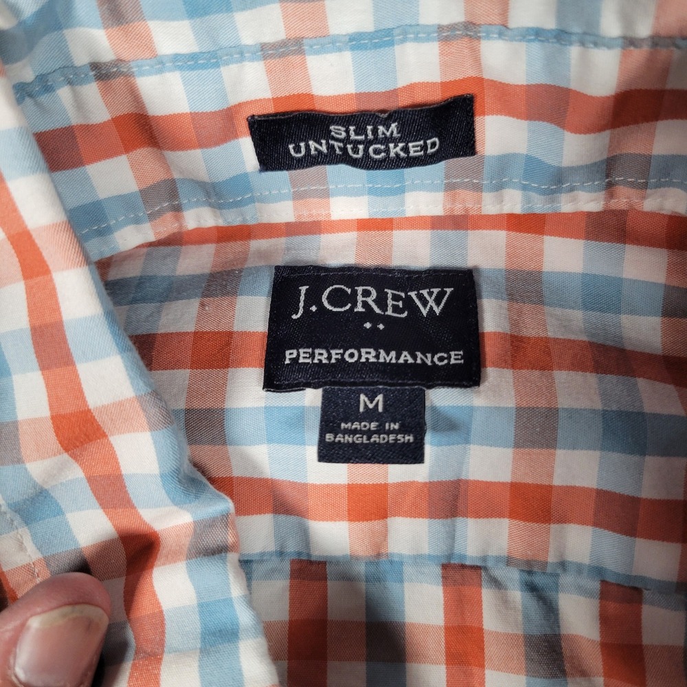 J.Crew Performance Shirt Mens M Orange Blue Gingham Slim Untucked Long Sleeve - Picture 7 of 12